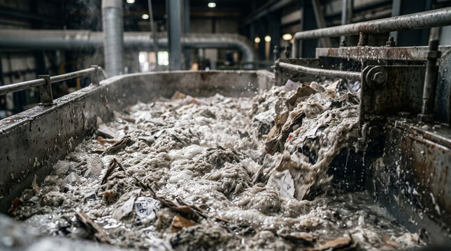 Wet paper pulp processing in heavy machinery at an industrial recycling plant