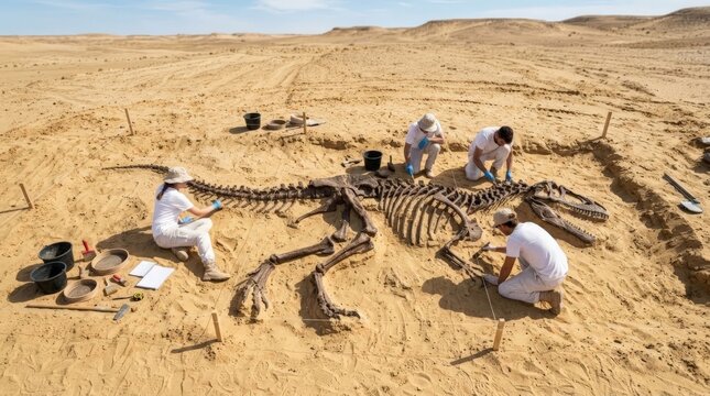 A team of paleontologists carefully excavate a large dinosaur fossil skeleton embedded in the desert sand during a sunny archeological dig with tools and equipment scattered around