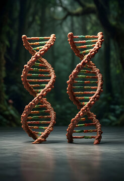 Genetics and biotechnology research, double helix dna strands in a natural forest environment for scientific discovery and biological evolution concepts