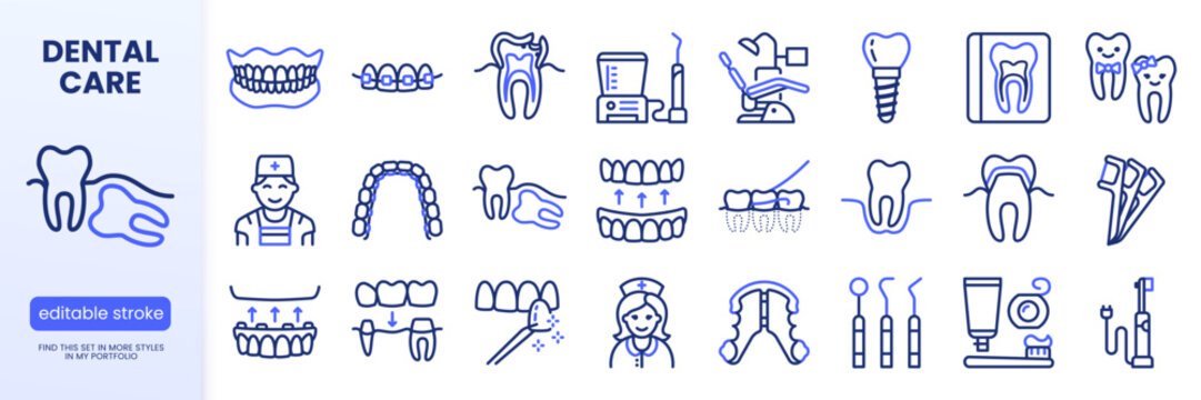 Dental line icon set. Dentist, denture implant, tooth prosthesis, children dentistry, veneers, lingual braces linear vector illustration. Simple outline signs. Blue duotone color. Editable Stroke.