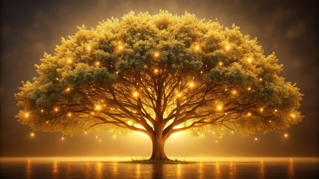Majestic tree illuminated by soft golden stage lights with a warm ambiance and subtle glow , Glowing Tree, Natural Lighting