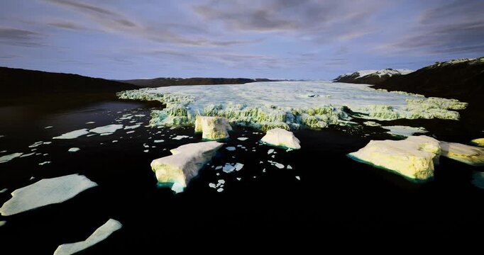 Glacial research expedition survey in polar coastal zone, instruments and sample sites implied by patterned ice and open water patches, scientific monitoring