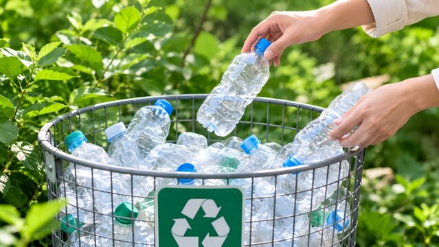 Recycling plastic water bottles in a metal bin