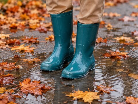 Person wearing teal rubber rain boots standing in autumn puddles with colorful fallen leaves