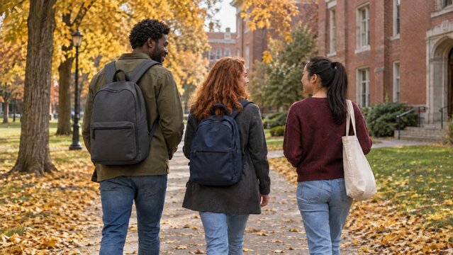 Three diverse university students walking on autumn campus with backpacks