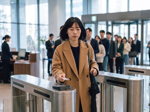 Generative AI, Woman Using an Access Card at an Office Lobby Turnstile