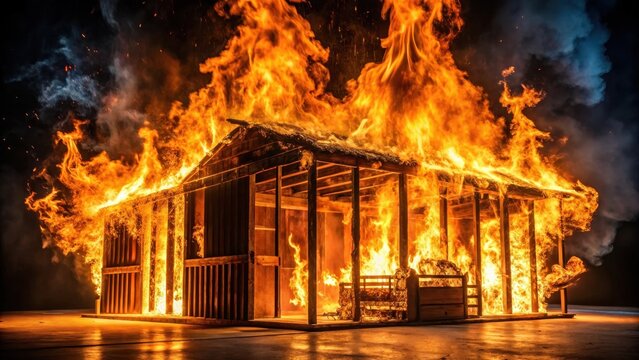 A majestic fire engulfing a wooden structure in a darkened room with flames dancing across the black walls and ceiling