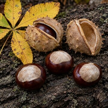 Close-up of buckeye nuts and spiky husks on tree bark with an autumn leaf