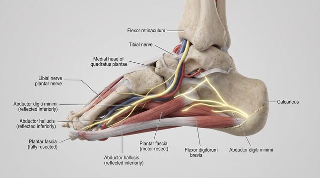 Medial calcaneal nerves Human foot lateral side anatomy detailing complex tendon arrangements, nerves, and intrinsic foot muscles.