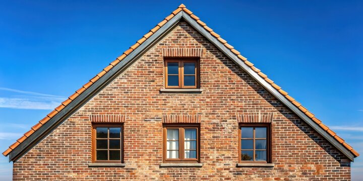 Traditional farmhouse with steeply pitched gable roof and large double-hung window at the top , brick, window,  brick