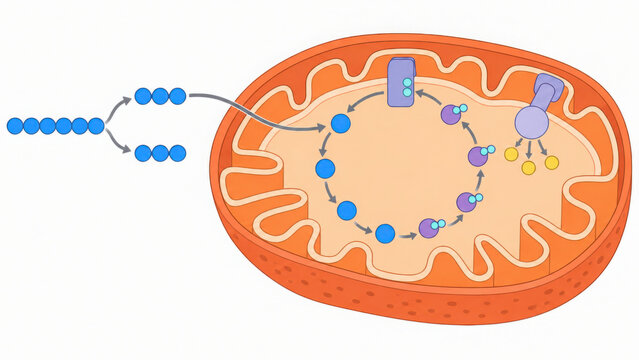 NAD+ cellular energy mechanism illustration showing molecular process inside mitochondrion for biological energy production and metabolic function