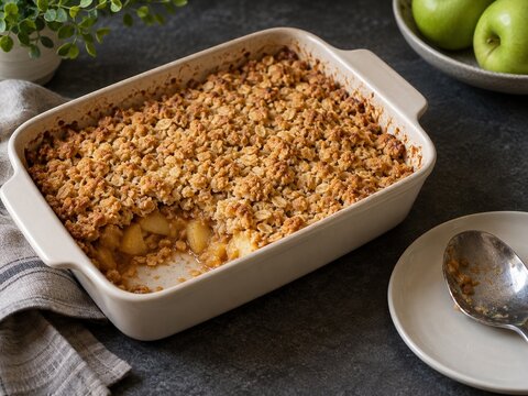 Freshly baked apple crumble in a rectangular white baking dish with a spoon on a side plate