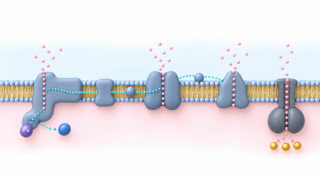 NAD+ cellular energy mechanism illustrations showing molecular transport across membrane with protein channels and energy flow in biological system