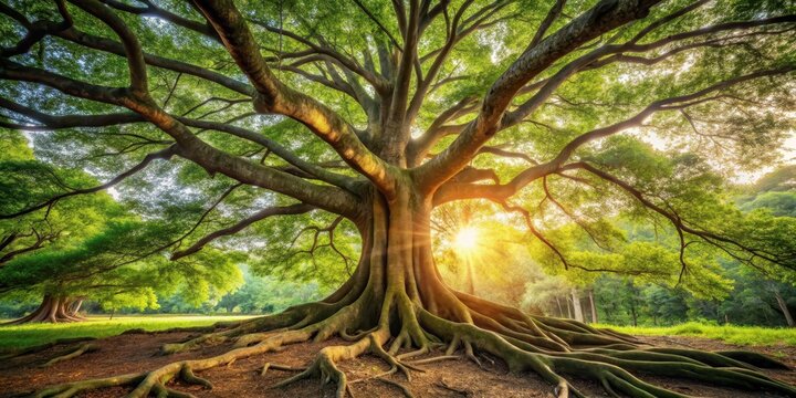 A massive tree trunk with gnarled roots and branches stretching towards the sky, surrounded by lush green foliage and sunlight filtering through the leaves, greenery, landscape