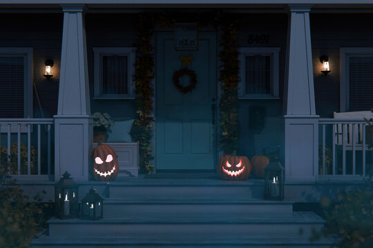 Illuminated Halloween carved pumpkins and glowing lanterns decorate a suburban house front porch at night, creating a spooky and welcoming holiday atmosphere for trick-or-treaters. Happy Halloween