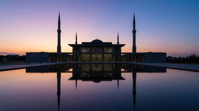 Modern mosque at sunset with water reflection.