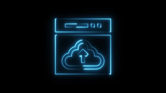 Glowing blue neon icon of a browser window with an upload cloud symbol on a black background