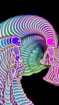 Seamless vertical video psychedelic walking skeletons painted style cartoon. Hypnotic Halloween background with wave with echo effect
