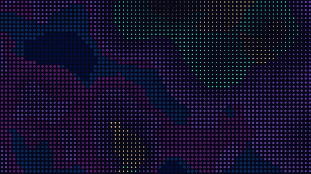 Vibrant colorful dots shift and pulse across a dark background, creating a swirling dynamic electronic field