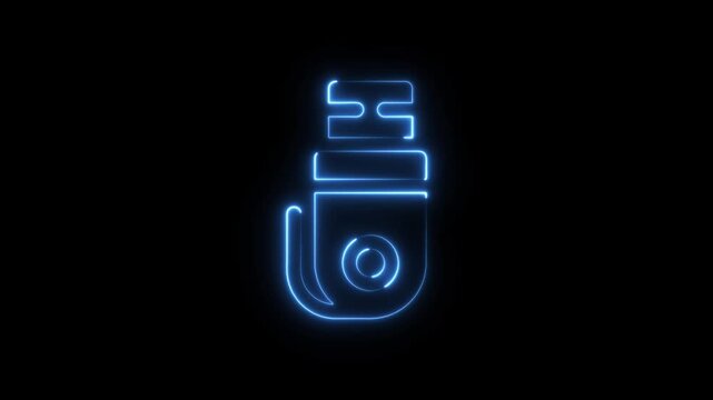 Glowing blue neon light icon of a usb flash drive