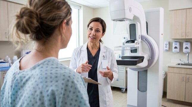 Professional female doctor explaining mammogram procedure to patient in modern hospital