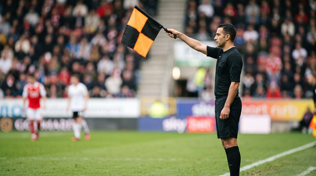 Assistant referee signaling offside during football match  