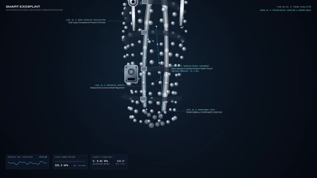 Educational animation of a futuristic smart exosplint medical device schematic showing advanced polymeric orthopedic embolization system with anatomical data readouts and structural diagnostics