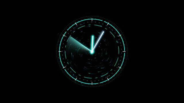Futuristic clock interface with glowing neon light motion on dark background
