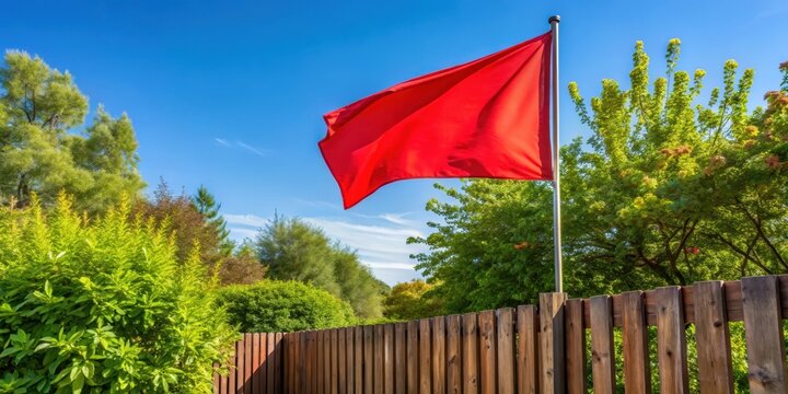 Red flag waving freely in a clear sky with light green trees on the left and a brown wooden fence behind it, outdoor scene, garden setting