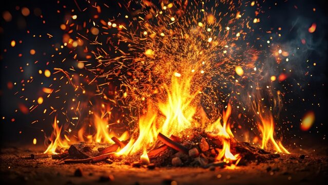 Burning embers and flames dancing in the dark with sparks flying high in the air creating a mesmerizing visual effect, warm glow, fire crackles