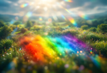 Fototapeta premium Hope and optimism concept, vibrant rainbow light flare over a lush summer meadow with wildflowers and soft bokeh sunlight in a peaceful natural landscape