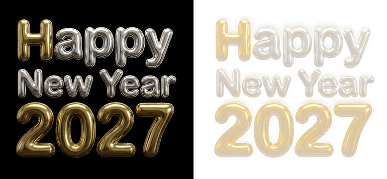 Happy new year 2027 gold and silver balloon text isolated on transparent background