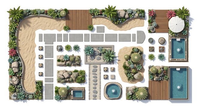 Top view landscape design plan with garden pool and patio area