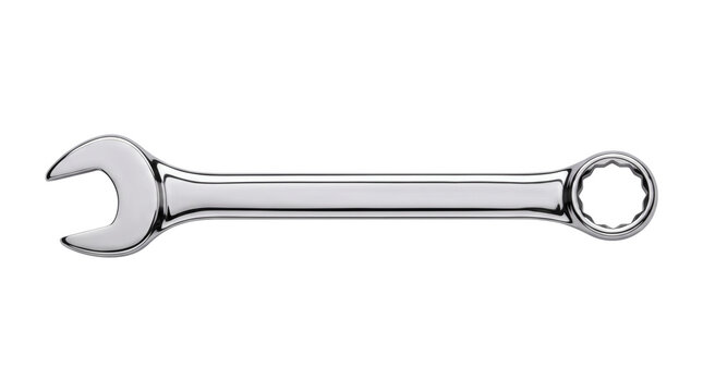 Steel combination wrench spanner tool on transparent background. Polished metallic mechanics manual fastening tool. Automotive workshop plumbing engineering maintenance creates visual.