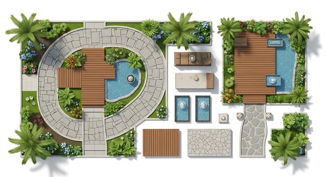 Top view landscape design of modern garden with pool and wood deck
