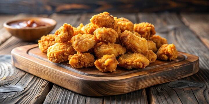 Crispy and golden fried popcorn chicken pieces on a rustic wooden plate , finger food