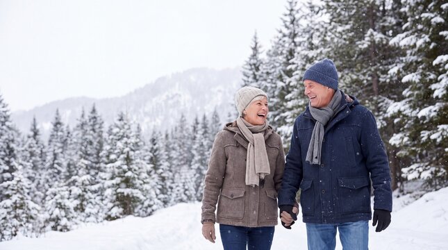 Active Lifestyle for Seniors, An active older couple enjoys a winter walk in a picturesque evergreen landscape