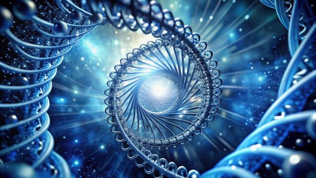 A swirling vortex of spiral structures made up of twisted nucleic acids with a metallic sheen and deep blues hues, blue