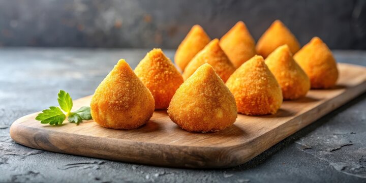 Crispy fried coxinhas de frango on grey background with golden brown color and crispy edges , food, snack