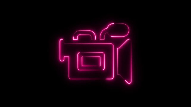 Neon pink video camera icon glowing on a dark background