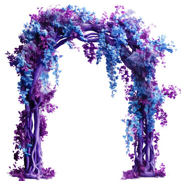 Arco de boda floral azul violeta transparente PNG. Arco de flores de fantas&iacute;a majestuoso decorado con flores azules y moradas aisladas sobre fondo PNG transparente.