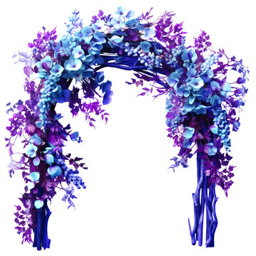  Denso arco floral de fantas&iacute;a transparente PNG. Arco floral rico y grueso decorado con vibrantes flores azules y moradas aisladas sobre PNG transparente.