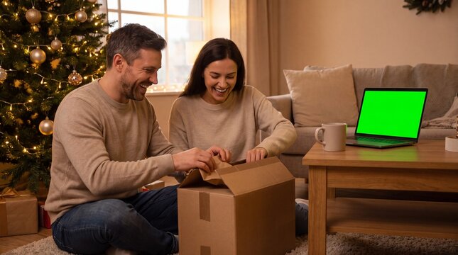 Holiday Unboxing Excitement, A family joyfully unpacks a generic box beside a beautifully decorated Christmas tree