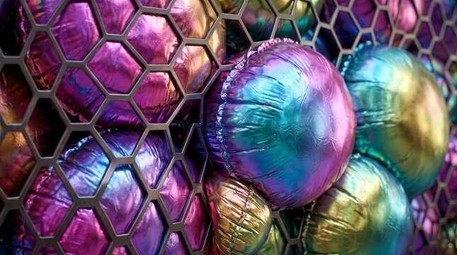 3D render of glossy iridescent foil balloons pressed against a hexagonal grid. 3d rendering illustration
