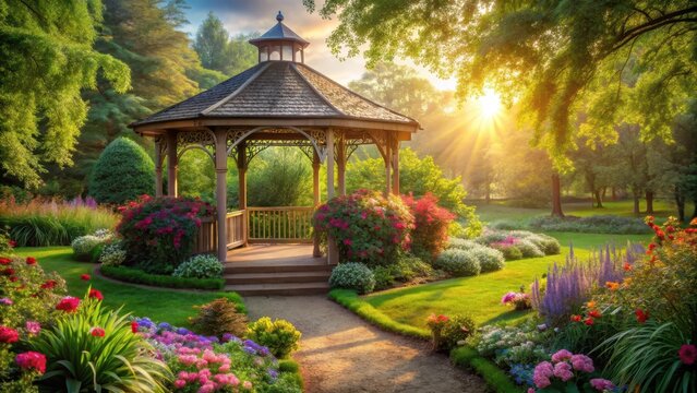 Softly glowing gazebo surrounded by lush greenery and vibrant flowers