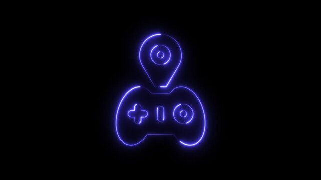 Glowing blue neon game controller icon with a location map pin symbol