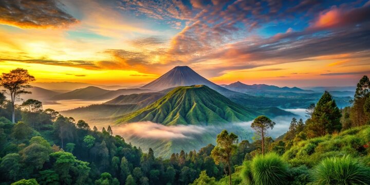 Majestic Kawah Ijen volcano stands tall against a vibrant dawn sky with lush green trees swaying gently in the morning breeze , scenic view, plant life