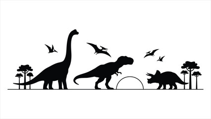 Silhouette of various dinosaurs and pterosaurs in a prehistoric landscape. © Uttpol Saha