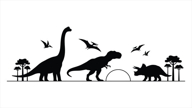 Silhouette of various dinosaurs and pterosaurs in a prehistoric landscape.