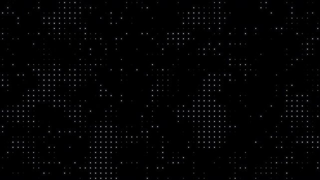 Bright halftone dots texture animated on black background. Flickering sphere Random Dots in distorted pattern. Dynamic white circles creating a grid looping texture. Many small balls are blinking.